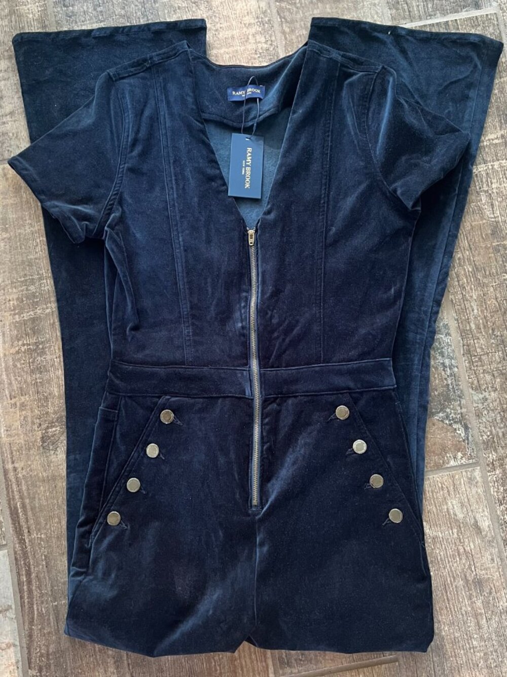 Ramy Brook Navy Velveteen Helena Flared Jumpsuit Womens 28
